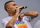 German-Turkish &#39;gangsta&#39; rapper Anis Mohamed Ferchichi, aka Bushido, speaks during - D4H39A